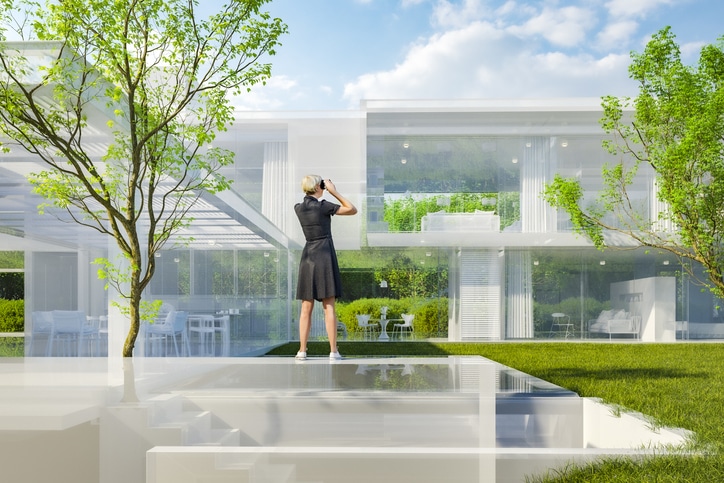 Modern architectural model home as VR projection Curb Appeal Glass Tree Home House