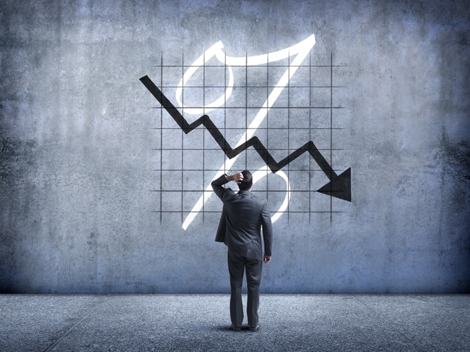 Businessman Looking Up At Falling Interest Rates Interest Rate Drop Man Question