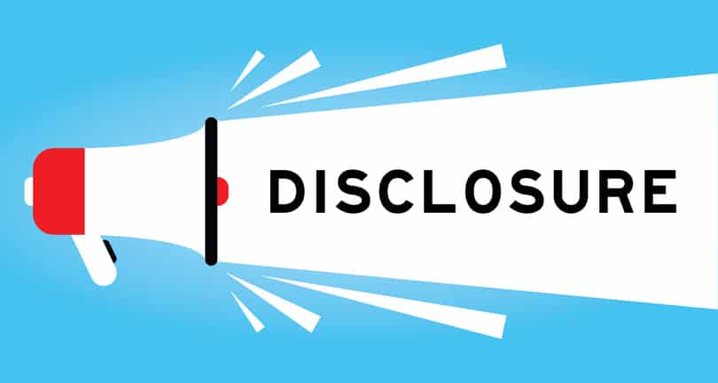 Color megphone icon with word disclosure in white banner on blue background