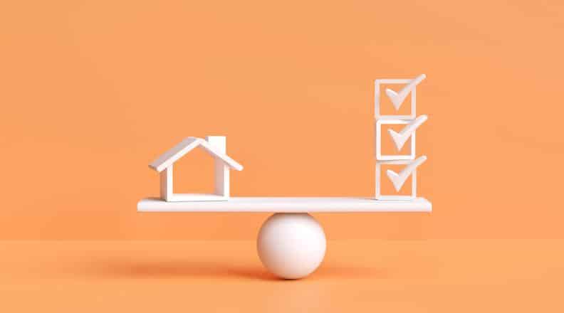 Home vs check mark on scales. Home certification standards, inspections, approvals, home inspection security, checklists.