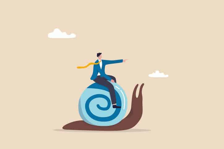 Slow growth, inefficient or stupid mistake, businessman idiot leader riding slow snail never reach goal, losing business competition.