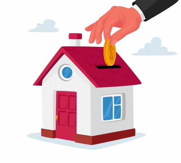 Mortgage and Home Buying. Huge Human Hand Put Golden Coin into Slot at Roof of Cottage House. Investment in Real Estate Mortgage and Home Buying. Huge Human Hand Put Golden Coin into Slot at Roof of Cottage House. Investment in Real Estate