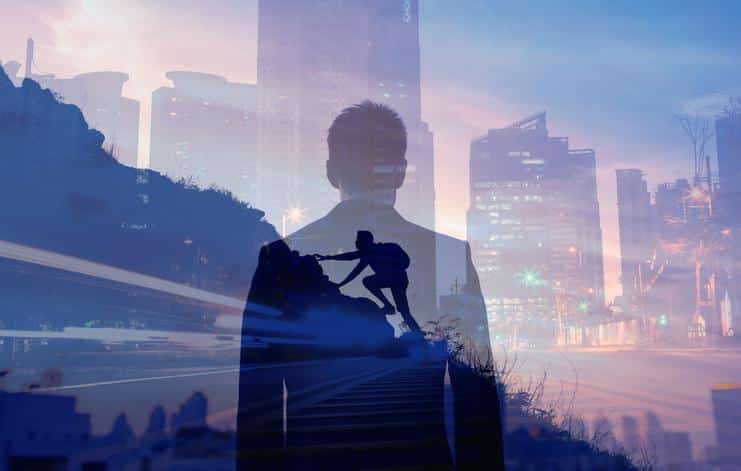 Businessman climbing up his success goals. Achievement, success, business strength goals.
