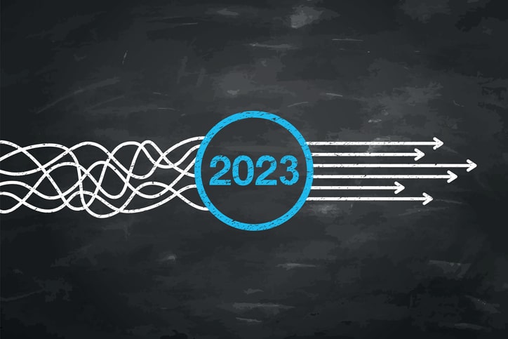 Solution Concepts New Year 2023 on Blackboard Background