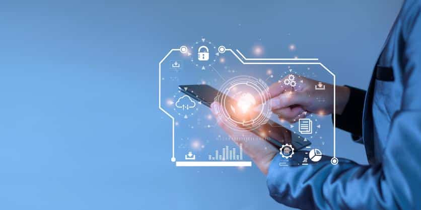 Businessman accessing the Cloud Computing Technology Internet Storage Network Concept And a large database big data Through internet technology. Digital business data, Future Data Network Management.