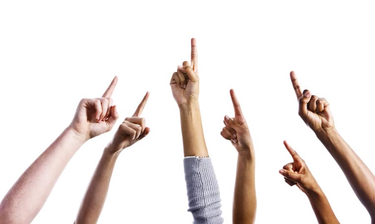 Up there! Six mixed hands all pointing upwards