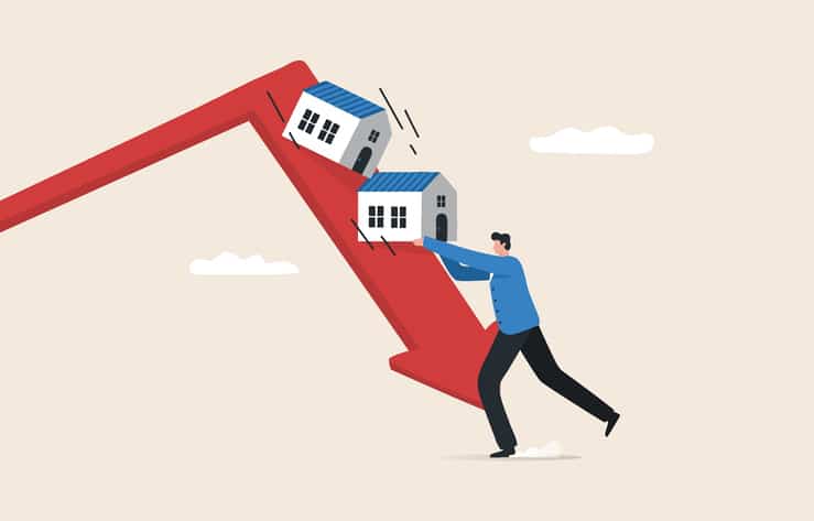 Housing Crisis, Low prices. Graph, Residential Building, Built Structure, Chart, Home Finances, Recession, Arrow, Real estate. The housing market is falling.