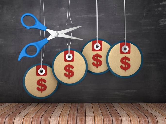Dollar Sign Price Tags with Scissors Hanging on Chalkboard Background – 3D Rendering