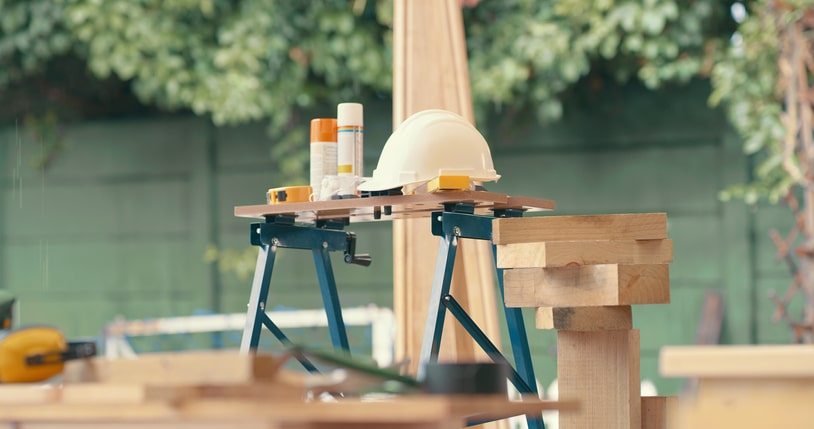 of woodworking supplies in the backyard at home