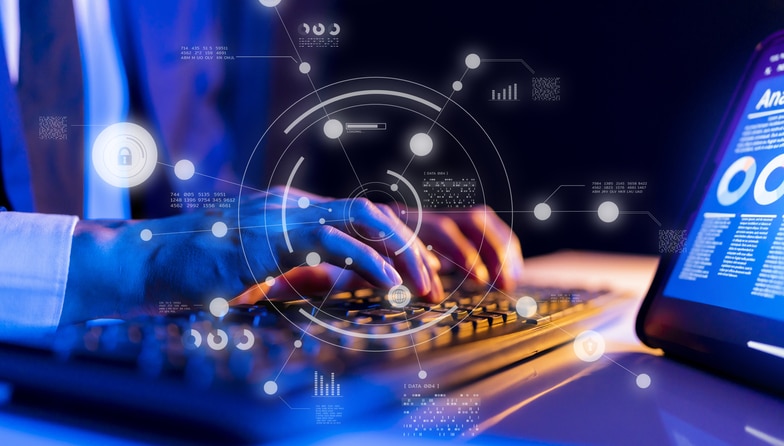 Cybersecurity cybercrime internet scam, businessman using digital network technology computer virus attack risk protection, identity privacy data hacking, AI artificial intelligence firewall
