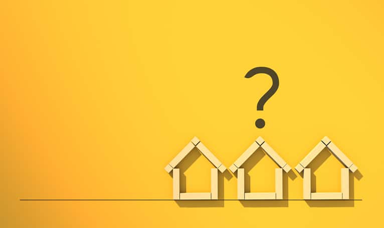 3D illustration house ideas concept with wooden block in house symbol shape with question mark symbol on yellow paper background