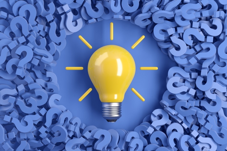 Question marks and light bulb