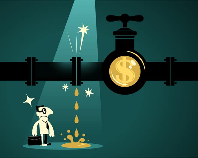 Businessman finding leaky pipeline with dollar sign tap