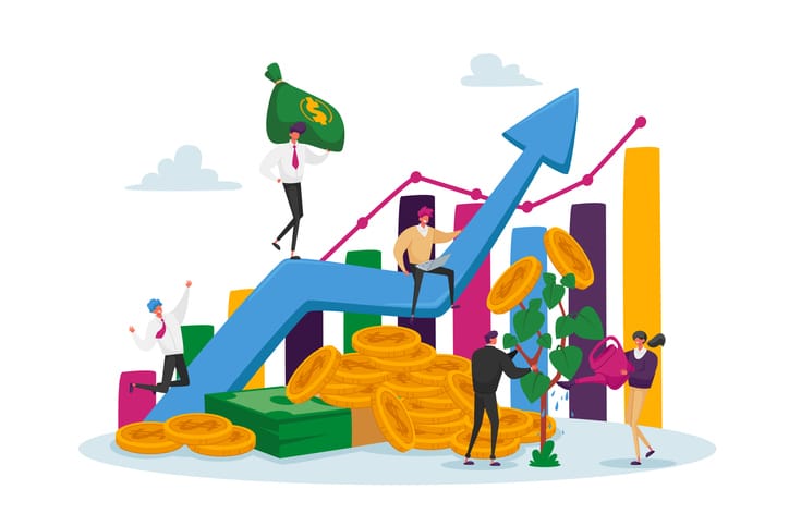 Income Growth Concept. Businesspeople Characters Teamwork Cooperation. Team of Businesspeople Climbing Growing Chart