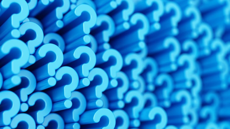 Blue question marks background. Concept for confusion, question or solution. 3d illustration