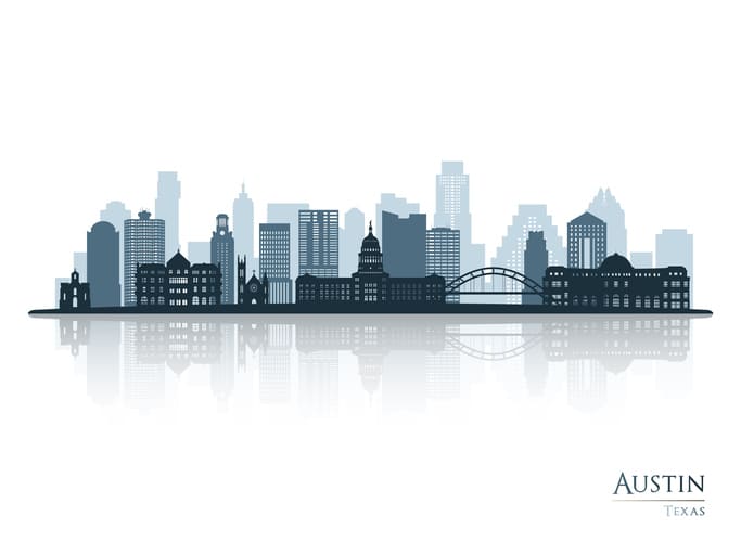 Austin skyline silhouette with reflection. Landscape Austin, Texas. Vector illustration.