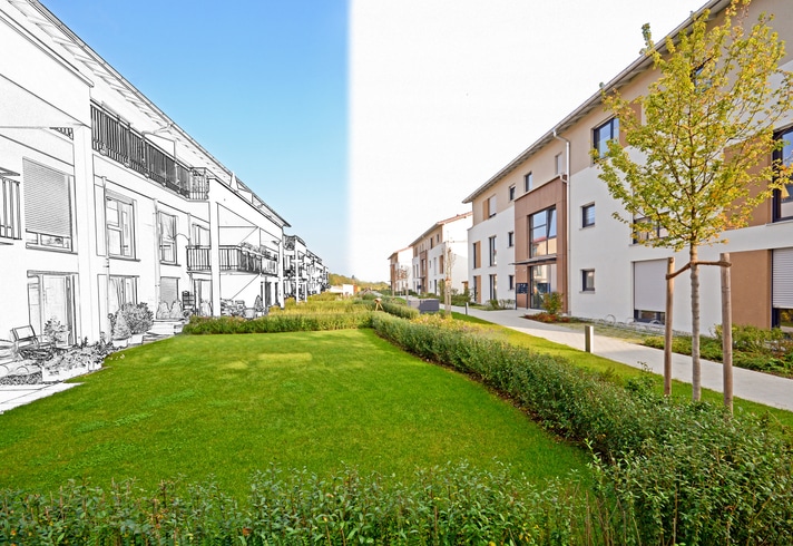 From drawing sketch of a residential area to construction completion of modern apartment buildings, new green urban landscape in the city