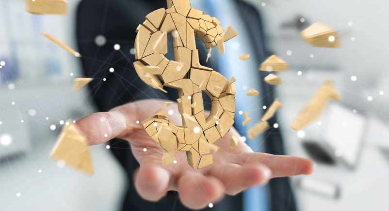 Businessman on blurred background with exploding dollar currency 3D rendering