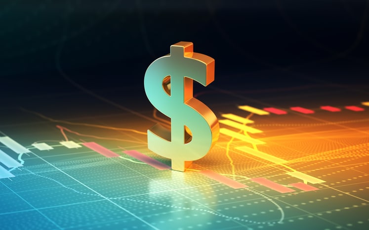 Dollar Sign Sitting on Blue Yellow Financial Stock Exchange Chart Background