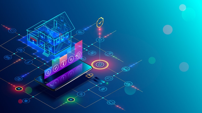 Smart home with internet of things isometric concept. IOT technology in house automation Property Description AI Home Purchase Sale