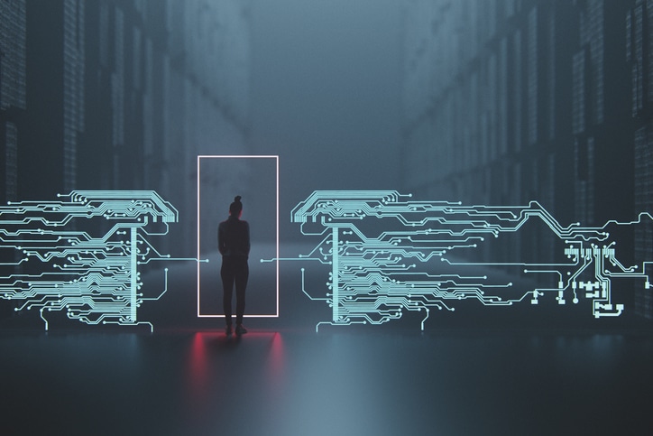 Woman and digital security points Web Portal AI