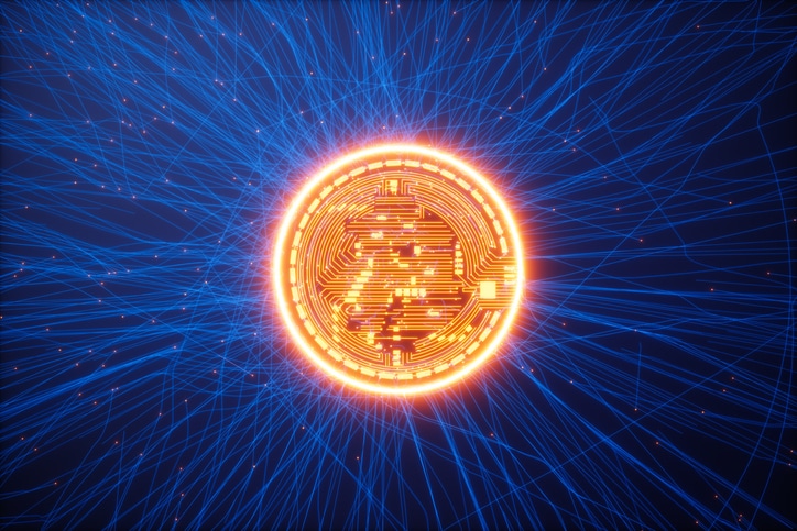 Glowing Bitcoin On Blue Background With Plexus And Red Connection Dots Crypto Purchase marketplace