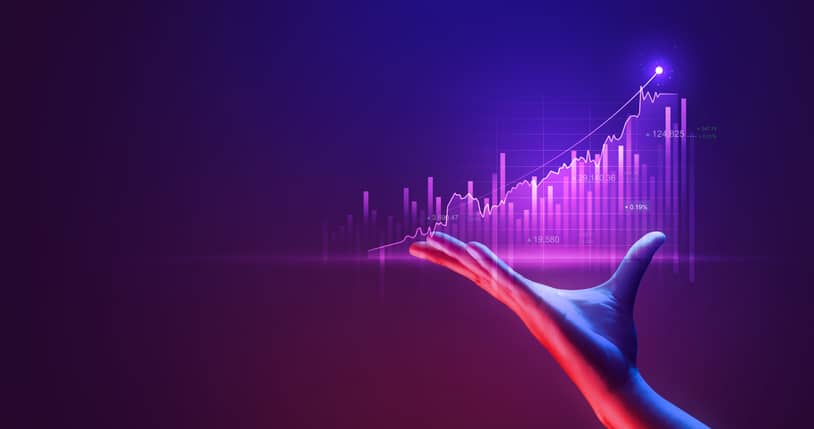 Businessman holding investment finance chart stock market business and exchange financial growth graph virtual technology economy digital analysis on success background with marketing data diagram. Home sales increase California Mortgage
