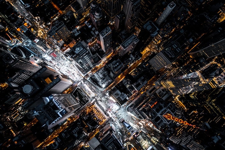 The view from a helicopter on the famous Time Square in New York