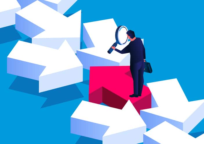Exploring to find different directions, isometric businessman holding magnifying glass and looking at red arrows in different directions Where To Go Guide Map Real Estate Professional More Business