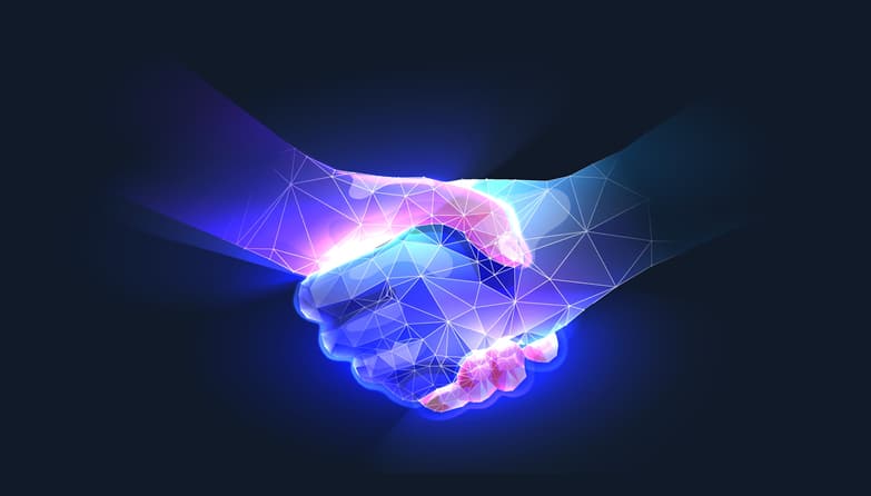 Handshake in digital futuristic style. The concept of partnership, collaboration or teamwork. Vector illustration with light effect and neon Partnership Companies work together