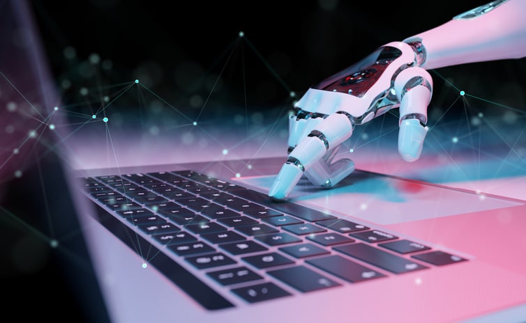 Robotic hand pressing a keyboard on a laptop 3D rendering Chat GPT AI Response to Objections