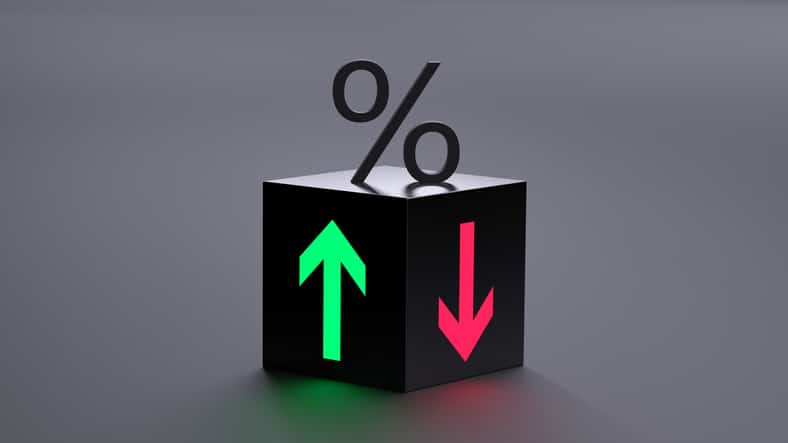 Percentage and up and down arrows. Financial concept of regulation of income, profit, cost, debt. 3D render.