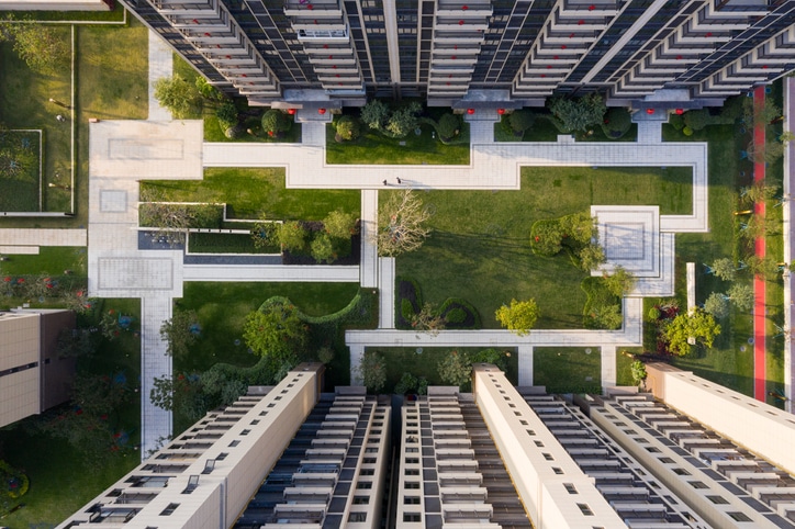 Aerial view of modern high-rise residential area Commercial Real Estate Upheaval