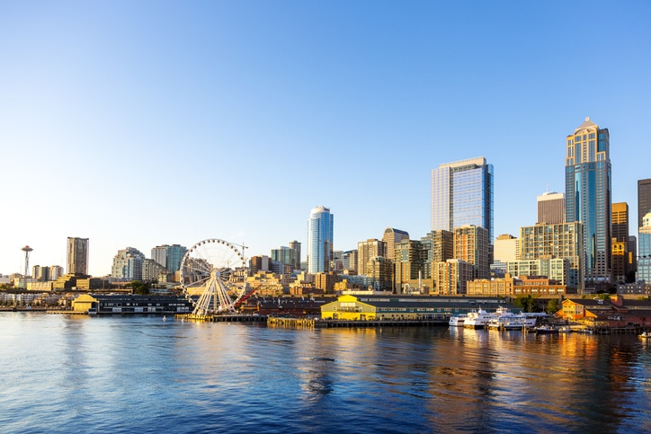 Seattle Downtown Waterfront with Space Needle and Great wheel Seattle Waterfront Development