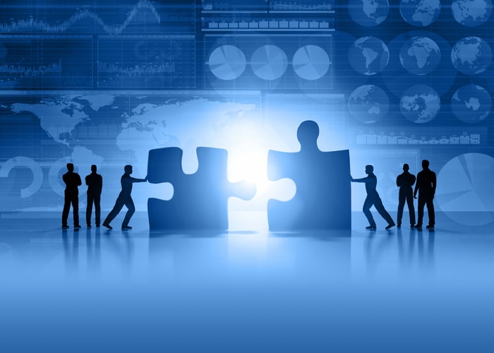 Business teamwork and global finance blue background Company Companies Merge