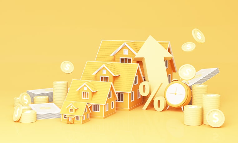 big arrow symbol Higher Interest Rates for Home Real Estate Ideas Savings on real estate of financial stability and growth and space for entering text on a yellow background, realistic 3D rendering. Home Price Gains Slow Down