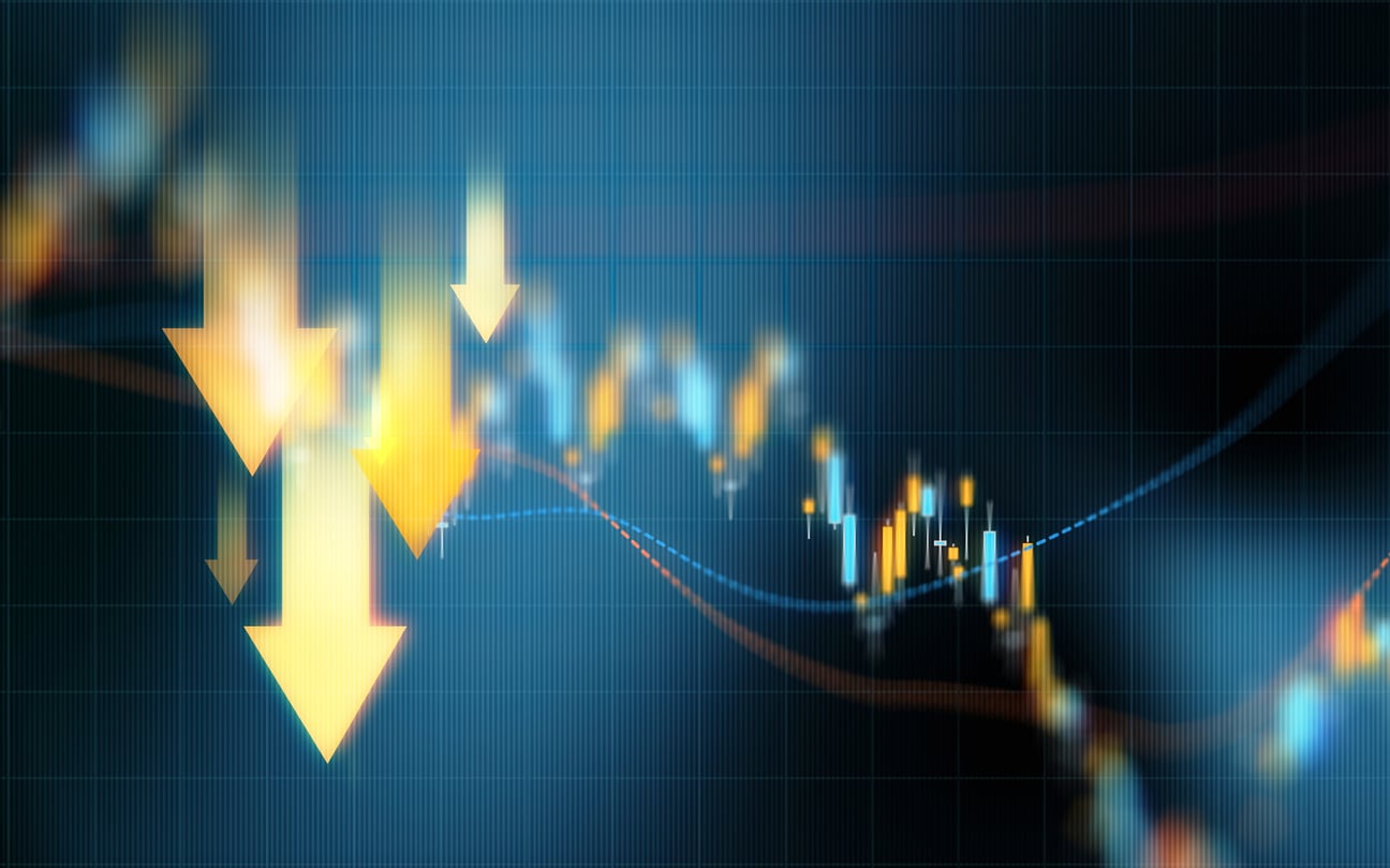 Investment And Finance Concept – Yellow Down Arrows Over Blue Financial Graph Background