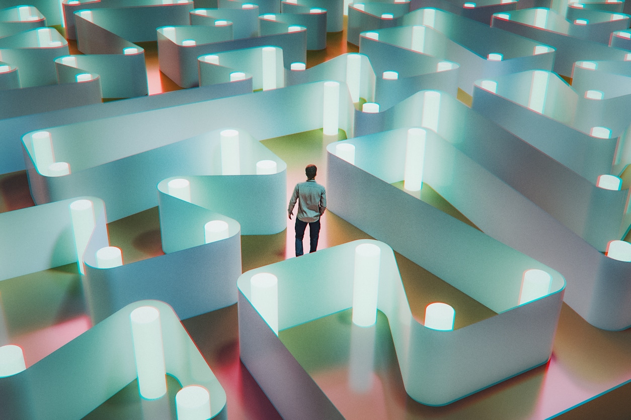 Man walking in abstract maze
