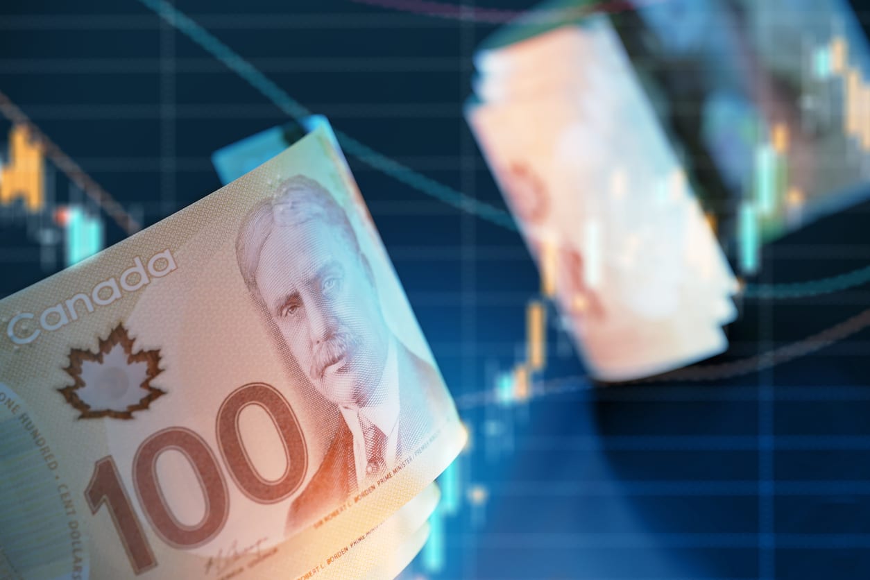 100 Canadian Dollar Bills Over Blue Financial Graph