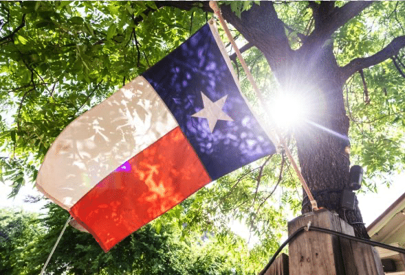 Texas Flag This is a color photograph of the sun shining through a tree behind the Texas State Flag on Rainey Street in downtown Austin, Texas.